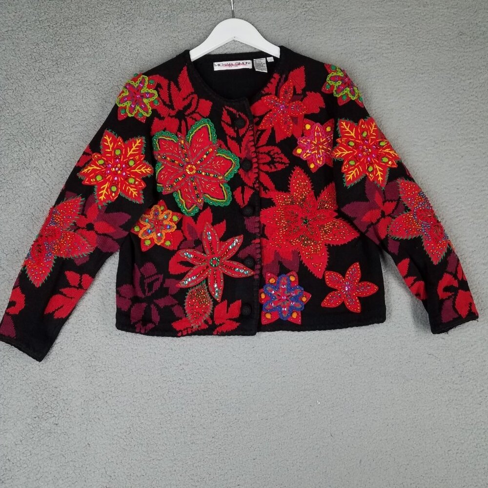 Vintage Michael Simon Poinsettia Cardigan Sweater Women's 2 Christmas Beaded Red